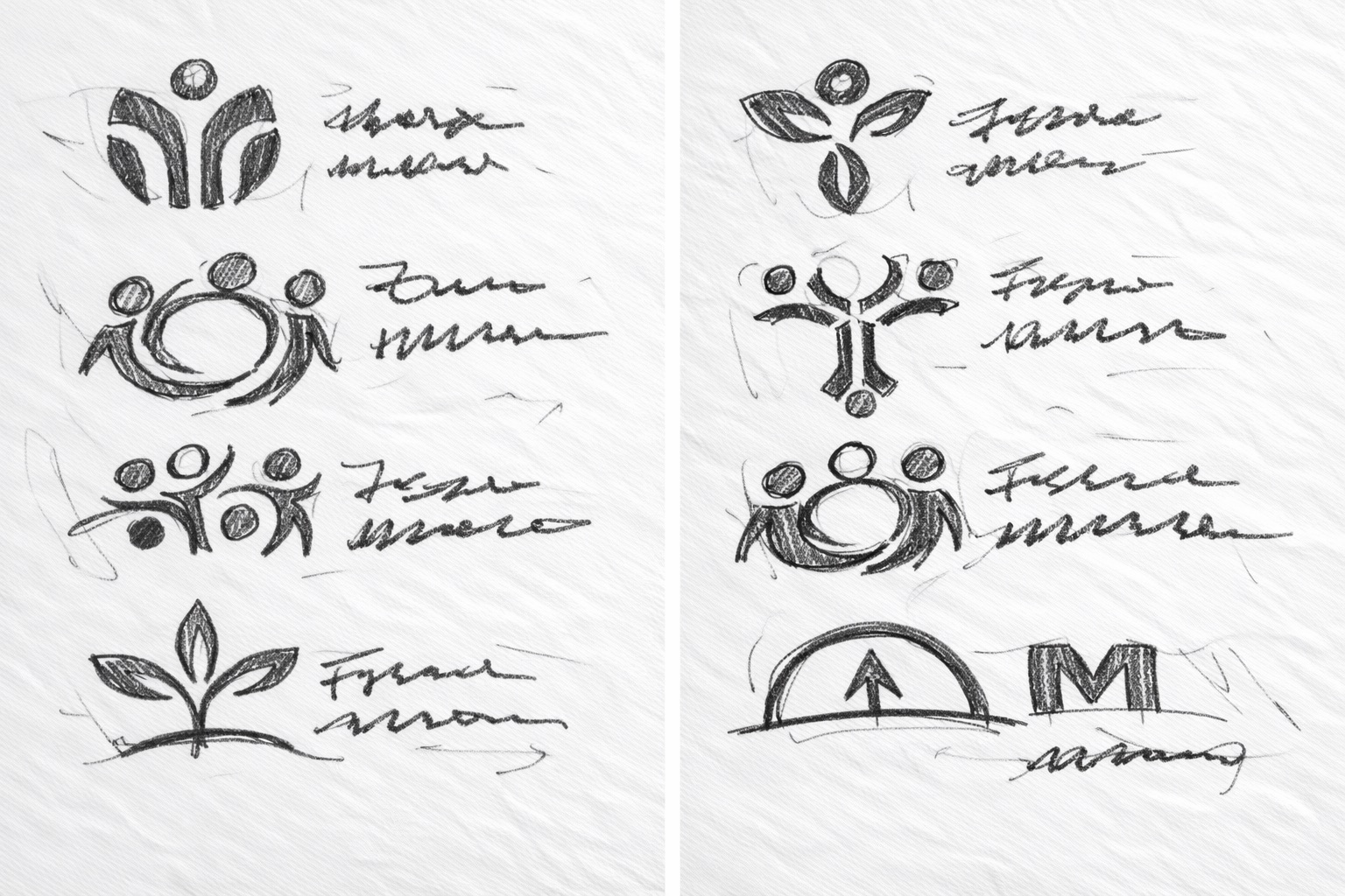 Early rough logo sketches — FMM branding process